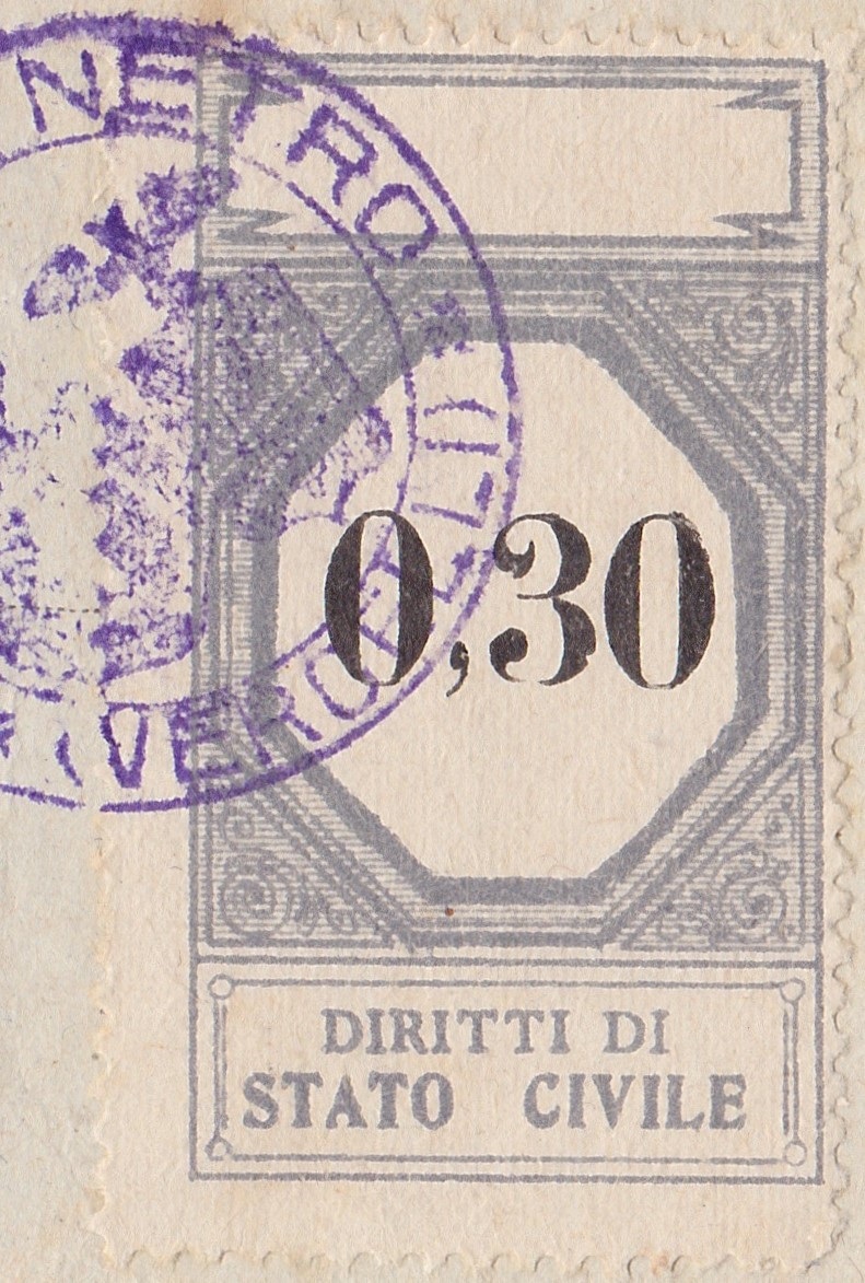 Marca da Bollo del Comune di 1) MARCHE GENERICHE 1)REGNO su Carta Bianca di dimensioni 24 x 43,5 mm