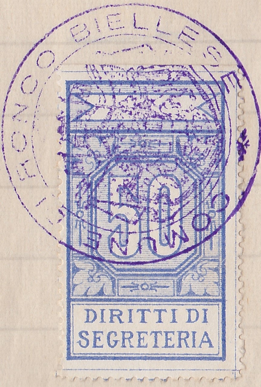 Marca da Bollo del Comune di 1) MARCHE GENERICHE 1)REGNO su Carta Bianca di dimensioni 24 x 43,5 mm