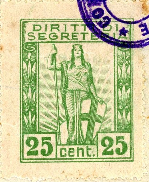 Marca da Bollo del Comune di 1) MARCHE GENERICHE 1)REGNO su Carta Bianca Sottile di dimensioni 25,5 x 32 mm