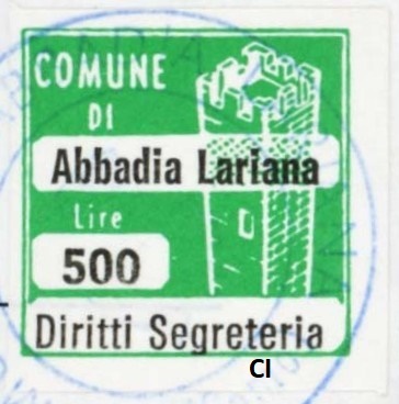 Marca da Bollo del Comune di ABBADIA LARIANA su Carta Bianca di dimensioni 20 x 20 mm