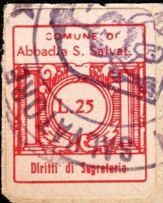 Marca da Bollo del Comune di ABBADIA SAN SALVATORE su Carta Bianca di dimensioni 15 x 21,5 mm