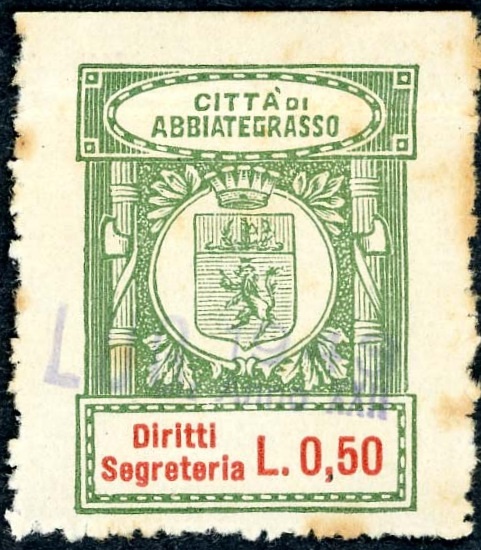 Marca da Bollo del Comune di ABBIATEGRASSO su Carta Bianca di dimensioni 23,5 X 30,5 mm