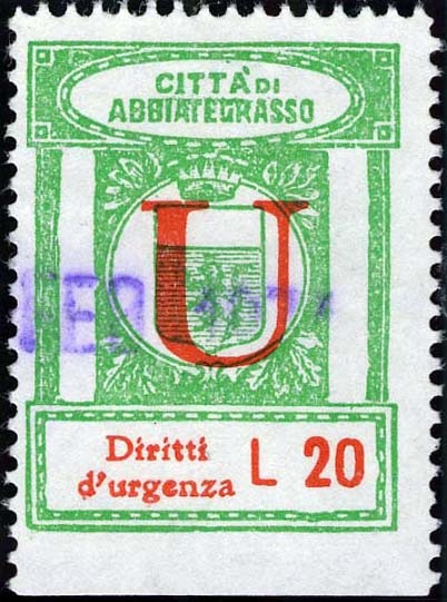 Marca da Bollo del Comune di ABBIATEGRASSO su Carta Bianca di dimensioni 23 X 30,5 mm