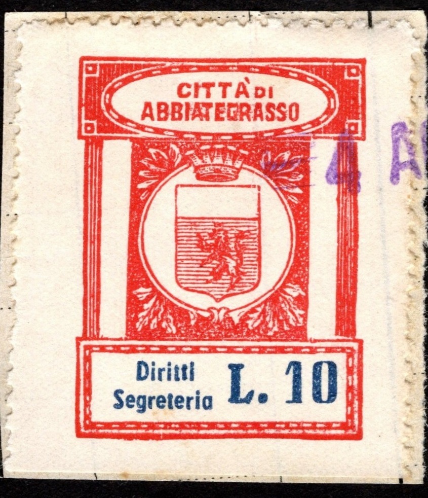 Marca da Bollo del Comune di ABBIATEGRASSO su Carta Bianca di dimensioni 23 X 28 mm