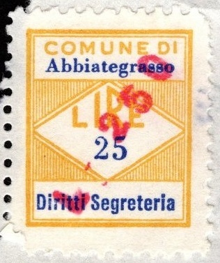 Marca da Bollo del Comune di ABBIATEGRASSO su Carta Bianca di dimensioni 16,5 X 20 mm