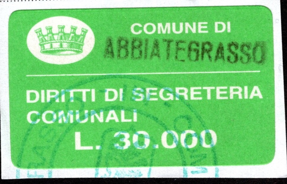 Marca da Bollo del Comune di ABBIATEGRASSO su Carta Bianca di dimensioni 22 X 12,5 mm