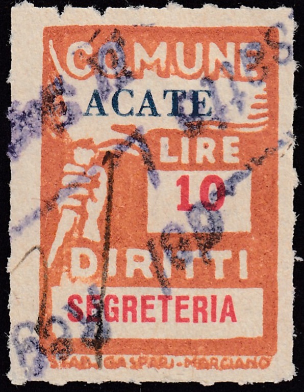 Marca da Bollo del Comune di ACATE su Carta Bianca Sottile di dimensioni 18 X 25,5 mm