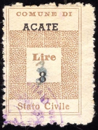 Marca da Bollo del Comune di ACATE su Carta Bianca Sottile di dimensioni 21 X 27 mm