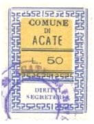 Marca da Bollo del Comune di ACATE su Carta Bianca di dimensioni 27 X 36 mm