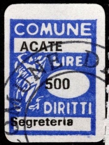Marca da Bollo del Comune di ACATE su Carta Bianca di dimensioni 14,5 X 21 mm