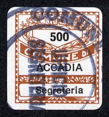 Marca da Bollo del Comune di ACCADIA su Carta Bianca di dimensioni 19 x 21 mm