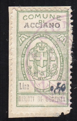 Marca da Bollo del Comune di ACCIANO su Carta Bianca di dimensioni 22,5 X 33 mm