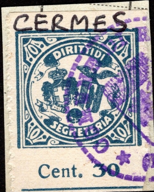 Marca da Bollo del Comune di CERMES su Carta Bianca di dimensioni 22 x 28 mm