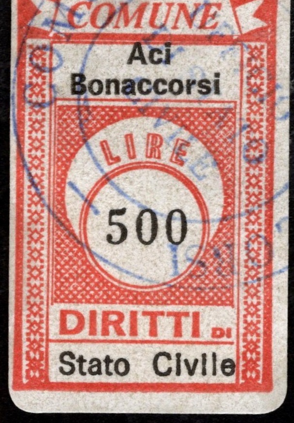 Marca da Bollo del Comune di ACI BONACCORSI su Carta Bianca di dimensioni 19 x 29,5 mm