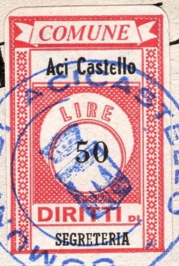 Marca da Bollo del Comune di ACI CASTELLO su Carta Bianca di dimensioni 19 x 29,5 mm