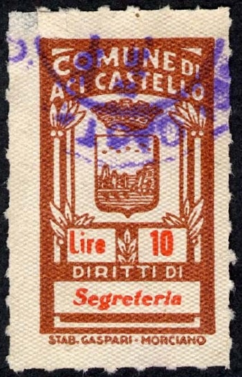 Marca da Bollo del Comune di ACI CASTELLO su Carta Bianca di dimensioni 17 X 29,5 mm