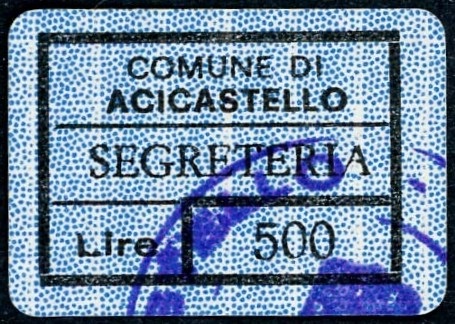 Marca da Bollo del Comune di ACI CASTELLO su Carta Bianca di dimensioni 24,5 X 17 mm
