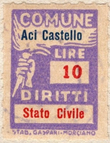 Marca da Bollo del Comune di ACI CASTELLO su Carta Bianca di dimensioni 18 x 23 mm