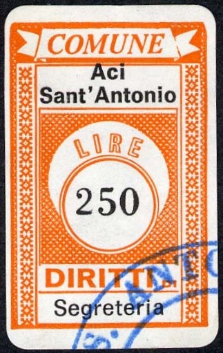 Marca da Bollo del Comune di ACI SANT´ANTONIO su Carta Bianca di dimensioni 19,5 x 30 mm