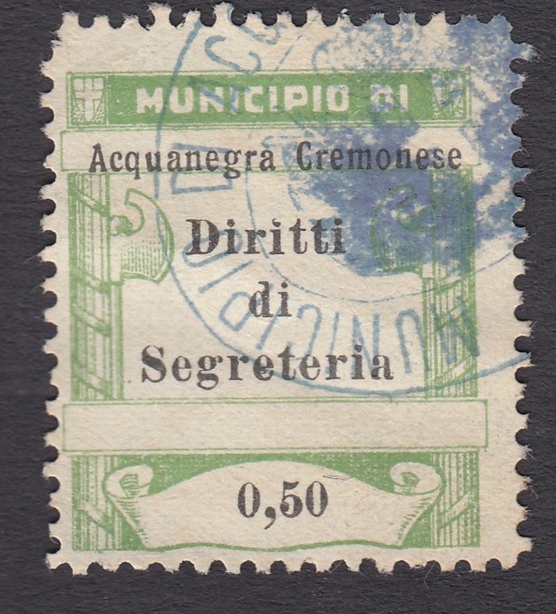 Marca da Bollo del Comune di ACQUANEGRA CREMONESE su Carta Bianca Sottile di dimensioni 24 x 29 mm