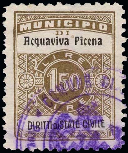 Marca da Bollo del Comune di ACQUAVIVA PICENA su Carta Bianca di dimensioni 23,5 x 30 mm