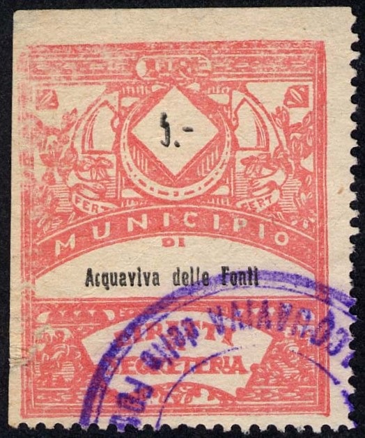 Marca da Bollo del Comune di ACQUAVIVA DELLE FONTI su Carta Bianca di dimensioni 30 x 37 mm