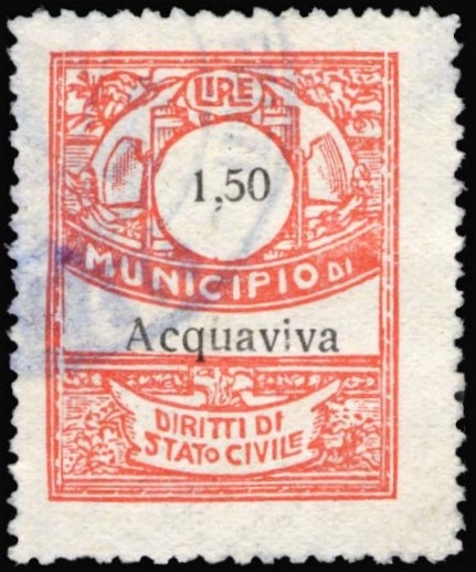 Marca da Bollo del Comune di ACQUAVIVA DELLE FONTI su Carta Bianca Sottile di dimensioni 22 x 28,5 mm