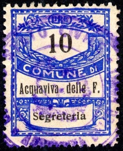 Marca da Bollo del Comune di ACQUAVIVA DELLE FONTI su Carta Bianca Sottile di dimensioni 28,5 x 36,5 mm