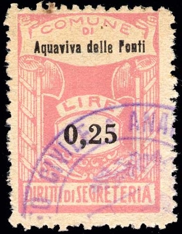 Marca da Bollo del Comune di ACQUAVIVA DELLE FONTI su Carta Bianca Sottile di dimensioni 20 x 28,5 mm