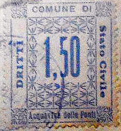 Marca da Bollo del Comune di ACQUAVIVA DELLE FONTI su Carta Bianca di dimensioni 28,5 x 33,5 mm
