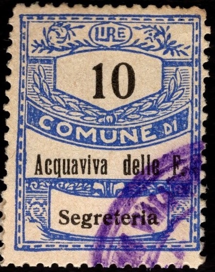 Marca da Bollo del Comune di ACQUAVIVA DELLE FONTI su Carta Bianca di dimensioni 22 x 28 mm