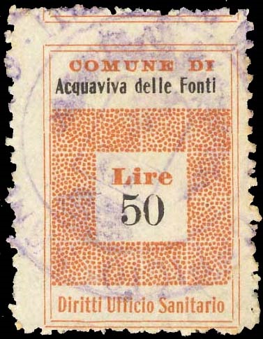Marca da Bollo del Comune di ACQUAVIVA DELLE FONTI su Carta Bianca Sottile di dimensioni 19,5 x 30 mm