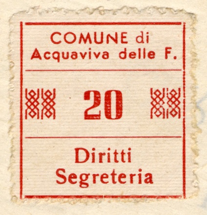 Marca da Bollo del Comune di ACQUAVIVA DELLE FONTI su Carta Bianca di dimensioni 23 x 25 mm