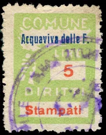 Marca da Bollo del Comune di ACQUAVIVA DELLE FONTI su Carta Bianca di dimensioni 18,5 x 25 mm