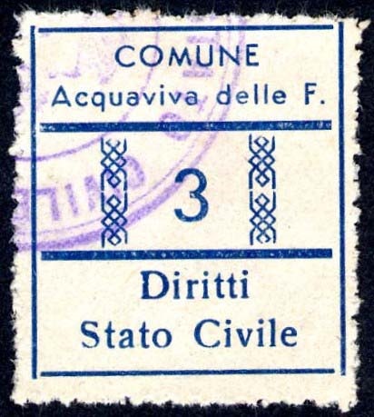 Marca da Bollo del Comune di ACQUAVIVA DELLE FONTI su Carta Bianca di dimensioni 23 x 25,5 mm