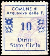 Marca da Bollo del Comune di ACQUAVIVA DELLE FONTI su Carta Bianca di dimensioni 23 x 25,5 mm