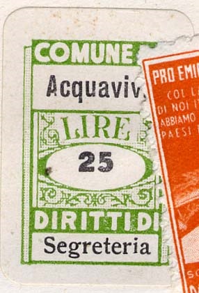 Marca da Bollo del Comune di ACQUAVIVA DELLE FONTI su Carta Bianca di dimensioni 15 x 22.5 mm