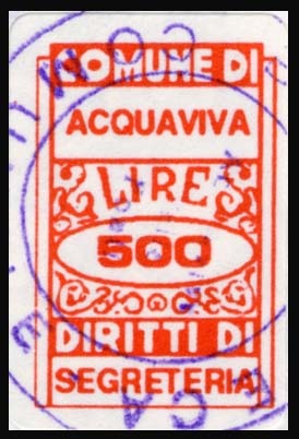 Marca da Bollo del Comune di ACQUAVIVA DELLE FONTI su Carta Bianca di dimensioni 15 x 23,5 mm
