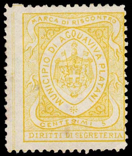 Marca da Bollo del Comune di ACQUAVIVA PLATANI su Carta Bianca Sottile di dimensioni 23 x 29 mm