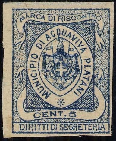 Marca da Bollo del Comune di ACQUAVIVA PLATANI su Carta Bianca di dimensioni 22,5 x 29 mm