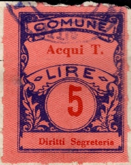Marca da Bollo del Comune di ACQUI TERME su Carta Colorata di dimensioni 22,5 x 29,5 mm