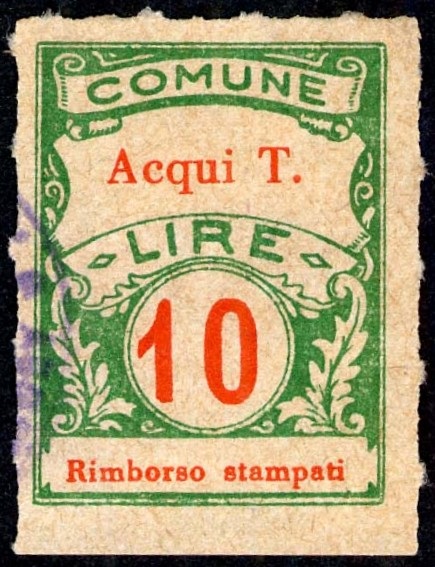 Marca da Bollo del Comune di ACQUI TERME su Carta Colorata di dimensioni 22,5 x 29,5 mm