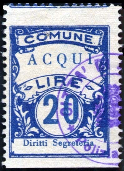 Marca da Bollo del Comune di ACQUI TERME su Carta Bianca di dimensioni 22,5 x 30 mm