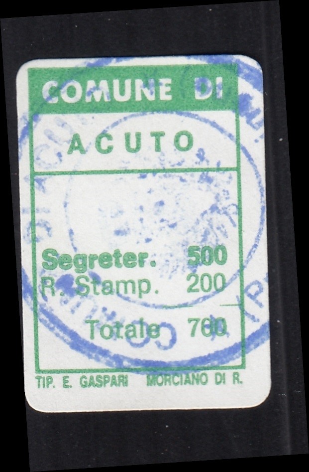 Marca da Bollo del Comune di ACUTO su Carta Bianca di dimensioni 17,5 x 27 mm