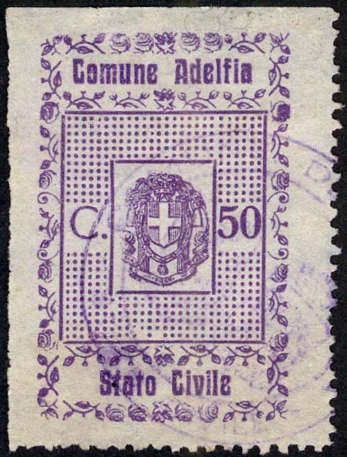 Marca da Bollo del Comune di ADELFIA su Carta Bianca di dimensioni 25,5 x 38 mm