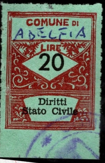 Marca da Bollo del Comune di ADELFIA su Carta Colorata di dimensioni 21 X 33,5 mm