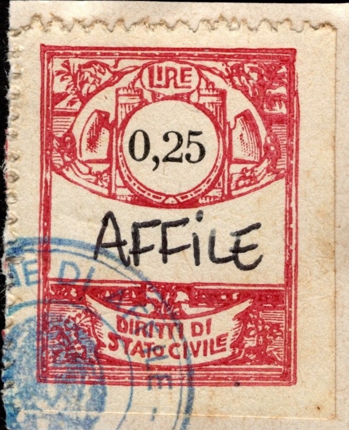 Marca da Bollo del Comune di AFFILE su Carta Bianca Sottile di dimensioni 22 x 29 mm