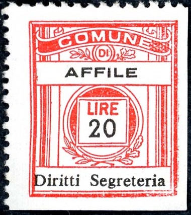 Marca da Bollo del Comune di AFFILE su Carta Bianca Sottile di dimensioni 21 x 24,5 mm