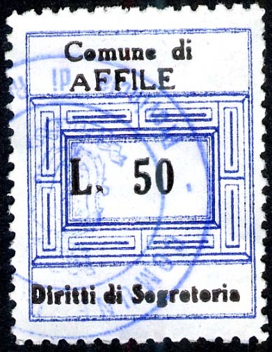 Marca da Bollo del Comune di AFFILE su Carta Bianca di dimensioni 23 x 29,5 mm