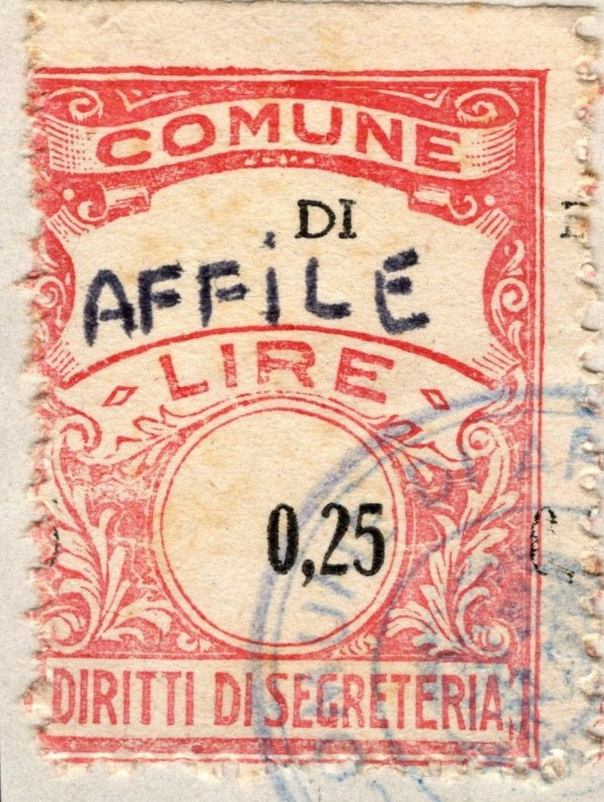 Marca da Bollo del Comune di AFFILE su Carta Bianca di dimensioni 22 x 28 mm